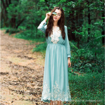 soft quality polyester islamic clothing dubai women printed blue lace dress